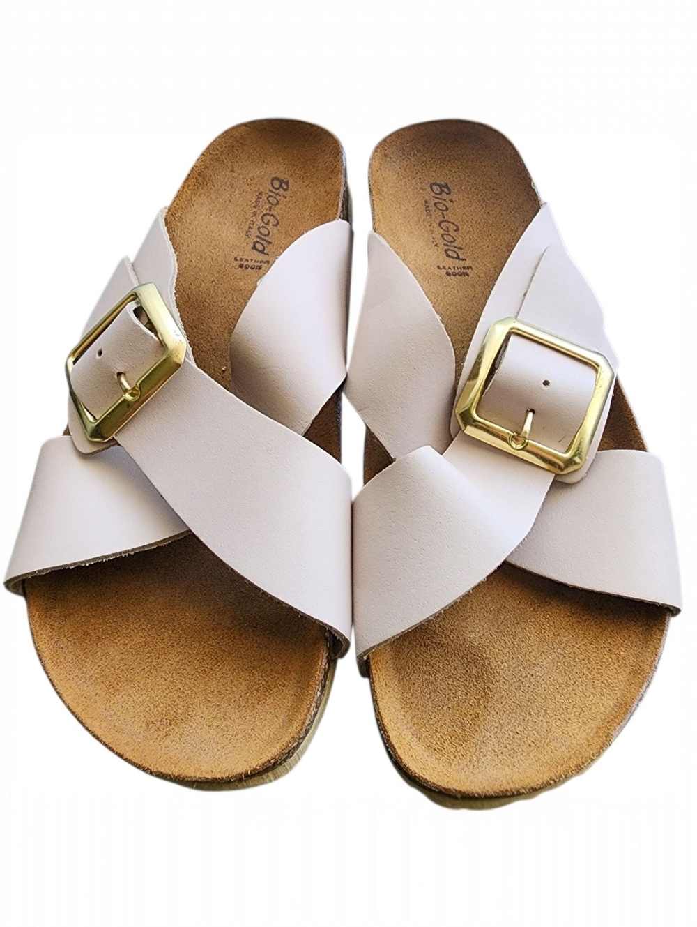Bio-Gold Leather Cork Footbed Sandals Blush Gold Buckle Slides Italy Size 8 NWOB